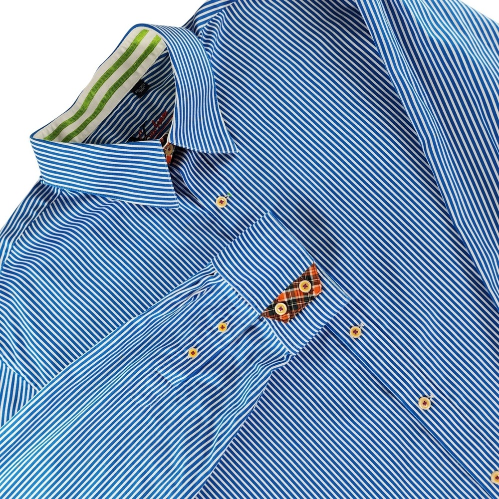Robert Graham X Shirt Mens 3XL Blue White Stripe Cotton Button Up Contrast Trim